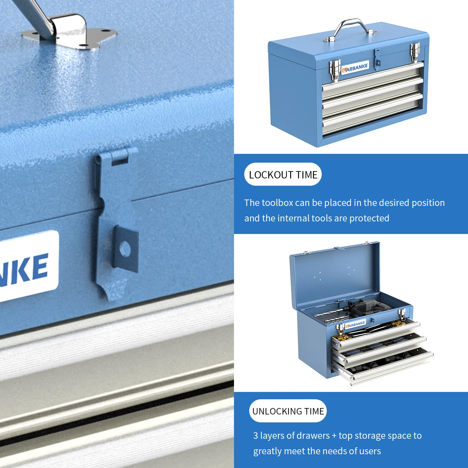 Portable Tool Box,with 3 Drawers and Top Storage Tray,Lockable Metal Tool Chest Cabinet,3-Drawer Tool Box with Liner,for Garage,