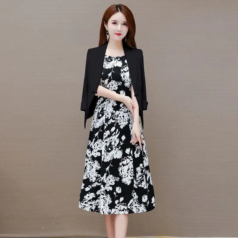 Fashion Two-piece Dress for Women Spring and Autumn 2023 New Korean Version Small Suit Chiffon Printed Vest Skirt