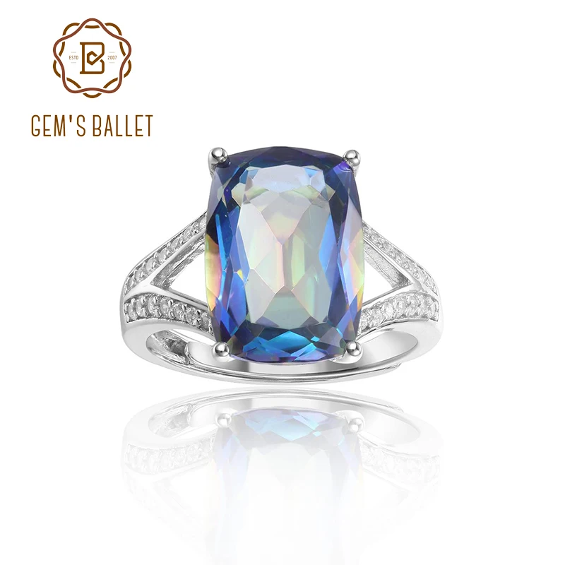 

GEM'S BALLET 9.66Ct 10x14mm Cushion Mystic Rainbow Topaz Statement Ring in Sterling Silver Adjustable Ring For Women