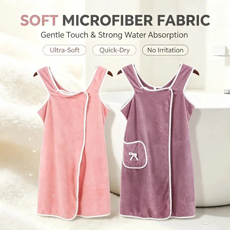 Soft Coral Fleece Wearable Bath Towel With Front Pocket Fast Water Absorption For Home Shower Spa Daily Use