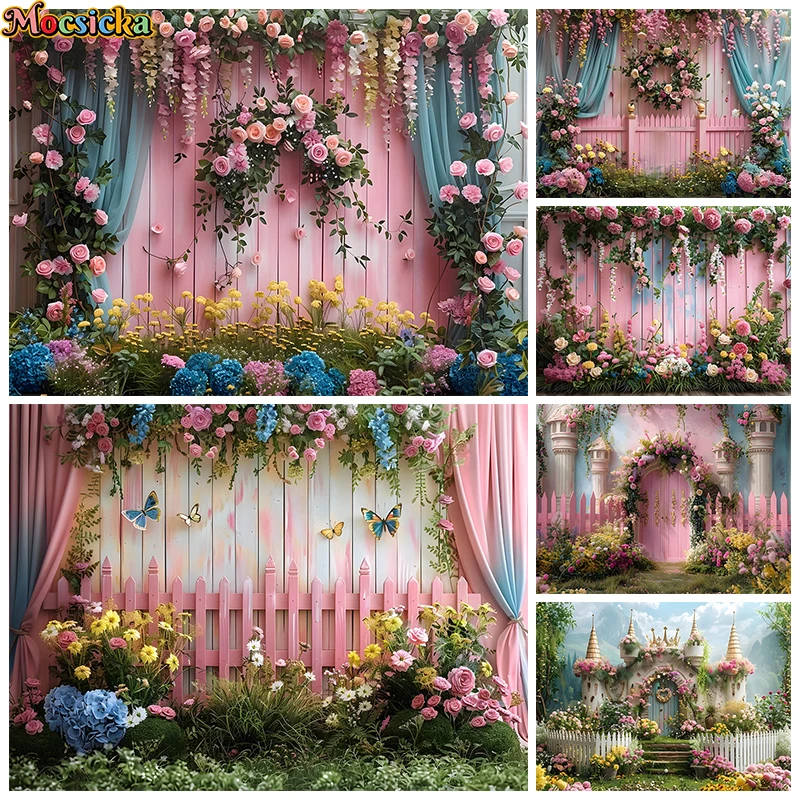 

Pink Flower Wall Photography Background Green Grass Garden Butterfly Baby Newborn Wedding Backdrop Party Birthday Photo Studio