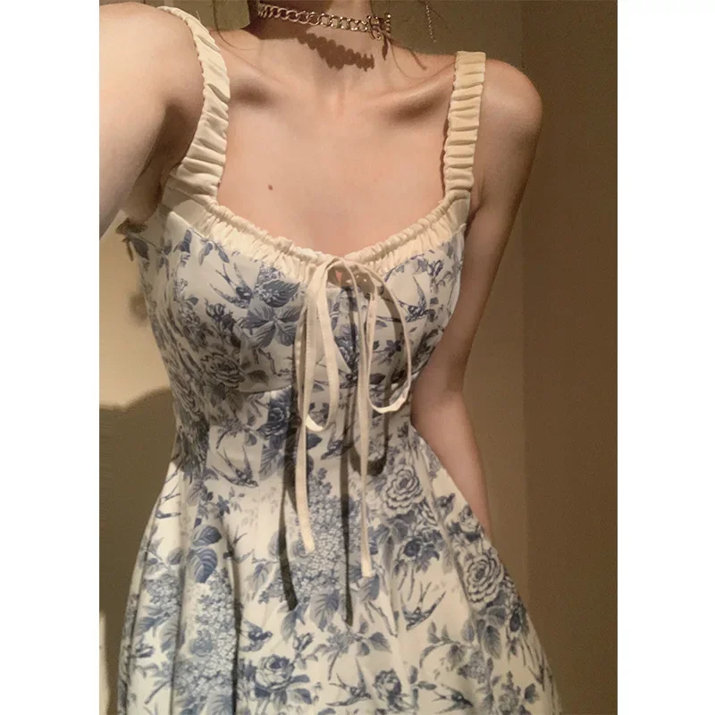 

French Fashion Midi Dresses Women Summer Elegant Spaghetti Strap Female Clothes Sexy Evening Party Backless Prom Dress Платье