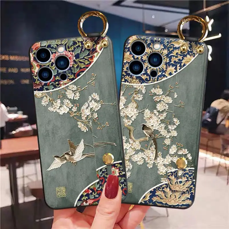 For Embossed Iphone 14 Case Wrist Strap Iphone 15 Pro Chinese Style Flower and Bird 12 Promax Ancient Style 11 Women 13