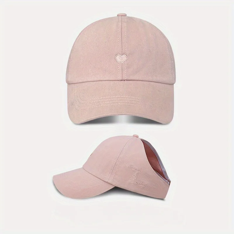 1 nicho em forma de coração bordado design, rabo de cavalo alto meados de ar chapéu superior, chapéu de beisebol feminino verão sol sombreamento, shoppi versátil