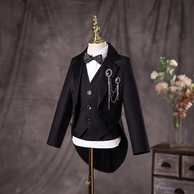 Flower Boys Black Piano Performance Tuxedo Dres Children Stage Violin Formal Suit Kids School Graduation Party Ceremony Costume