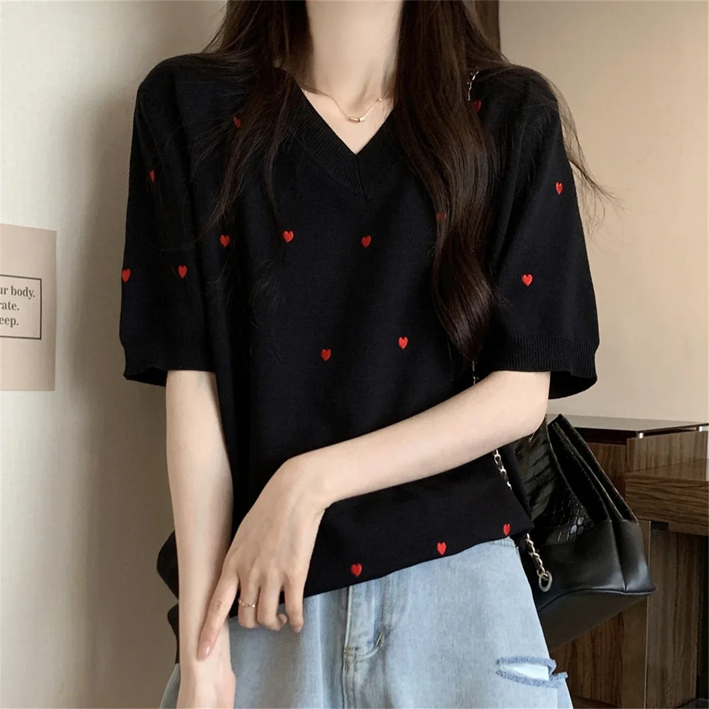 Summer Women Clothing Sweet and Fresh Women's V-Neck Short Sleeve T-Shirt Cute and Tee for Daily Wear