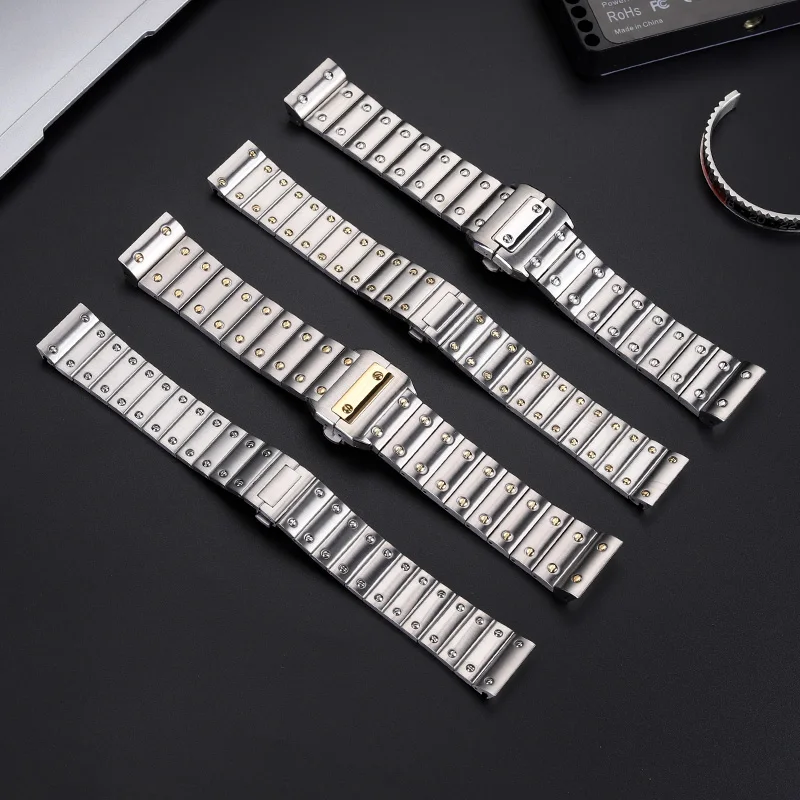 برشام حزام ساعة اليد لكارتييه Santos100 الفولاذ المقاوم للصدأ الرجال معصمه المعدني استبدال سانتوس 100 الفضة الذهب حزام الساعات 20 مللي متر 23 مللي متر