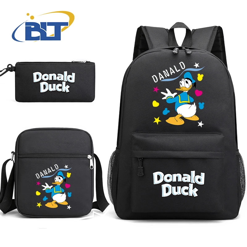 Disney Donald Duck printed student school bag set black casual backpack shoulder bag pencil case 3-piece set suitable for kids