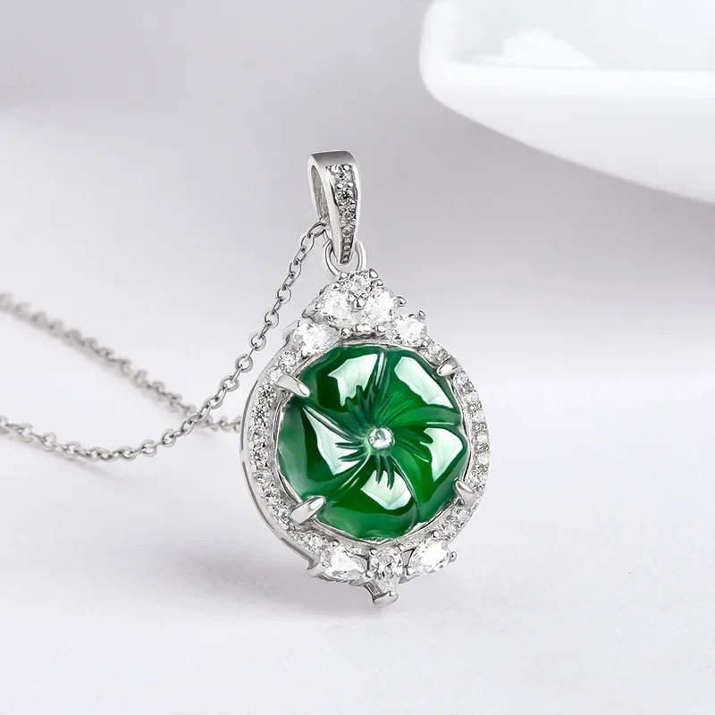 Burmese Jade Flower Pendant Jadeite Green Real Pendants Gemstones Carved Natural Men 925 Silver Jewelry Necklace Charms