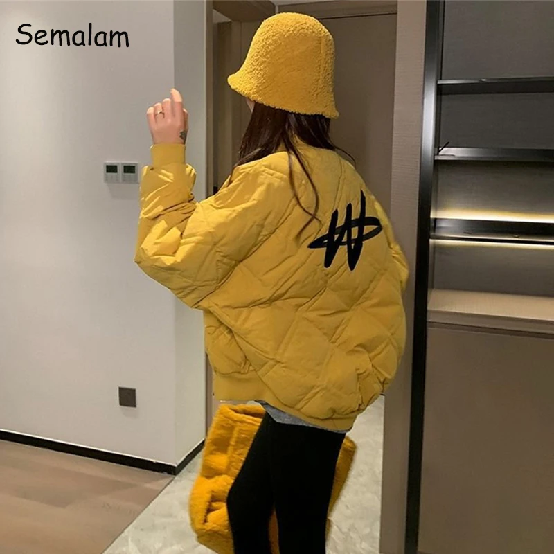 

2022 Winter Women Letter Print Cotton Coats Yellow Casual Baseball Parkas Korea Fashion Basic Harajuku Warm Oversized Outerwear