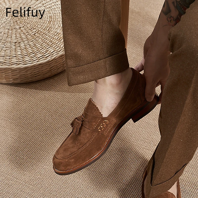 Black Brown Men Flat Loafers Cow Suede Tassel Casual Formal Shoes Comfortable and Breathable party wedding dress autumn shoes