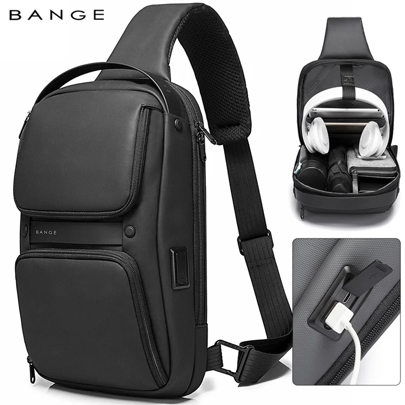 BANGE Men Casual Sling Bag with USB 2.0 Charging Port, Waterproof Chest Packs with Dry Wet Compartment for Storage Daily Commute