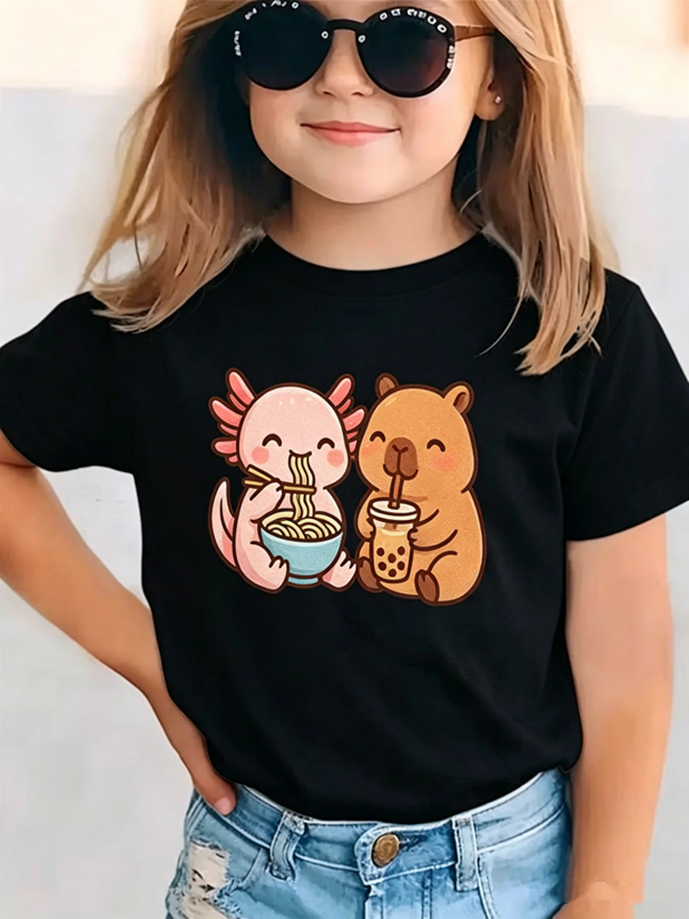 Summer Cartoon Cute Capybara/AXOLOTL Print Children T-shirt Short-sleeve Fashion Boys Girls Round-neck Kid Tshirt