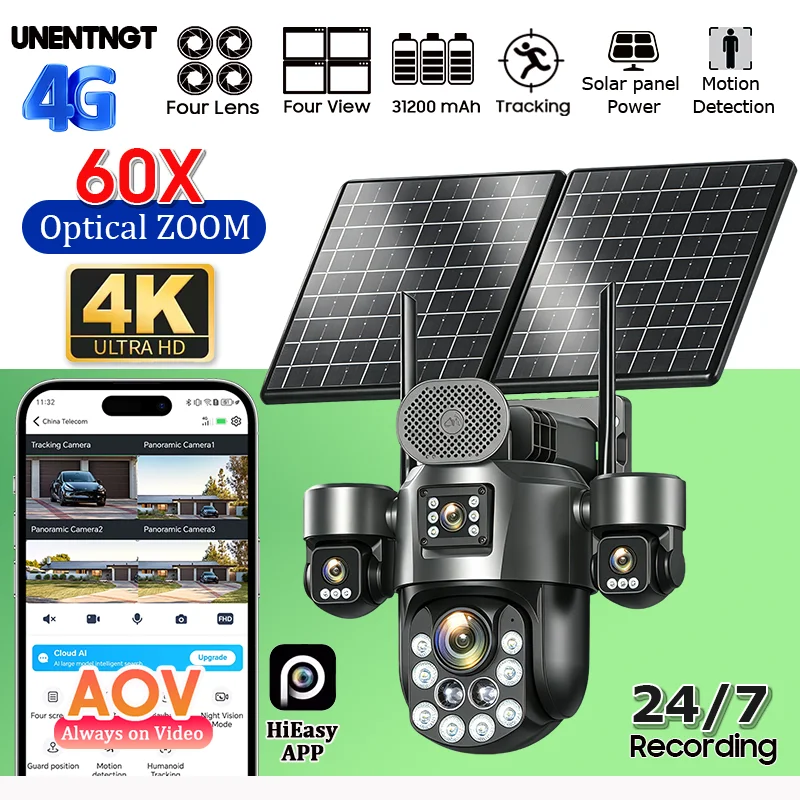 Home 4 Lens Surveillance Solar Camera 4G SIM/eSIM 60X Optical Zoom Human Tracking Outdoor 31200mah 24 Hours Record Security Cam