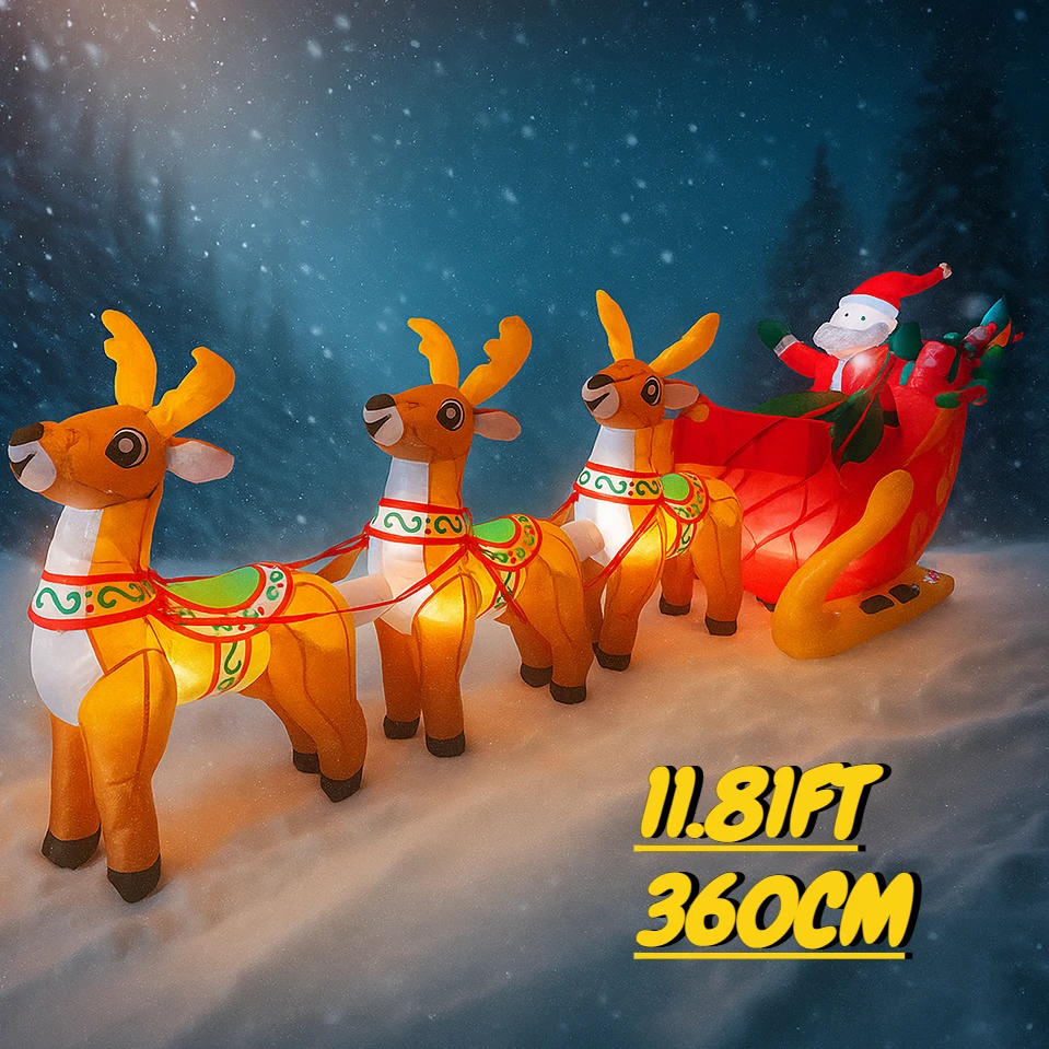 

11.81FT Inflatable Toy Santa Sleigh Reindeer Xmas Yard Decoration LED Lit Christmas Supplies Home Decor Ornament Festive Gift