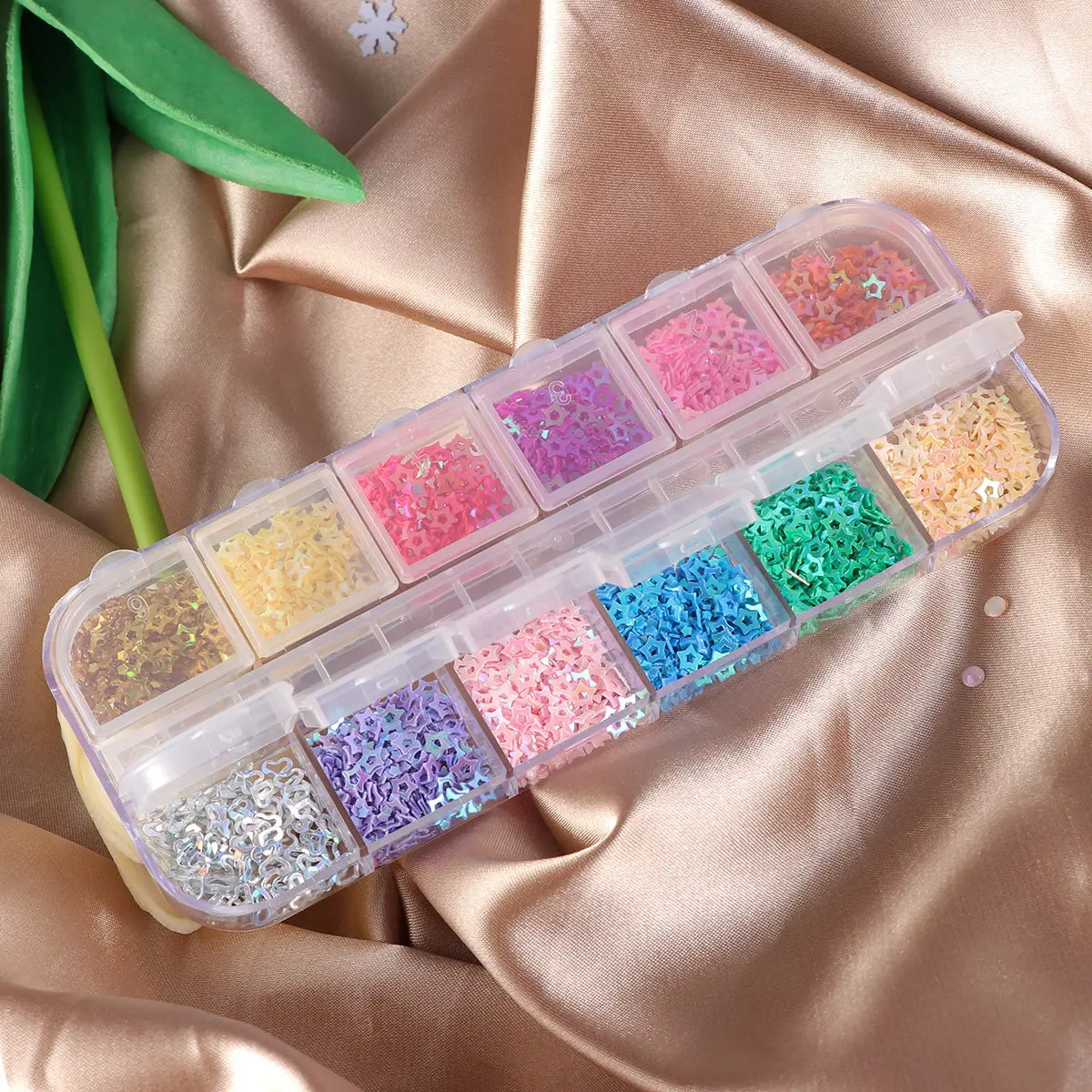 12-Slot Colorful Five Pointed Star Nail Stickers DIY Nail Art Decals Easy Application for Salon Manicure Christmas