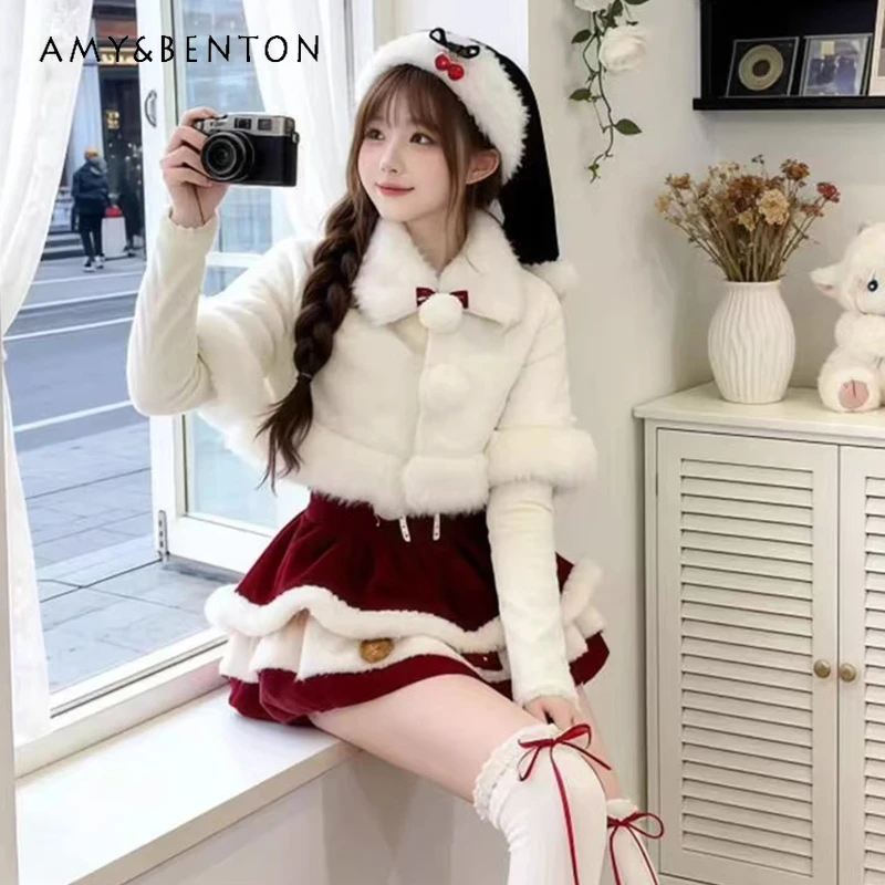 

2025 Autumn Winter New Plush Cape Elegant Women's Set French Design Sweet Cute Atmosphere Red Waist-Slimming Dresses Sets Ladies