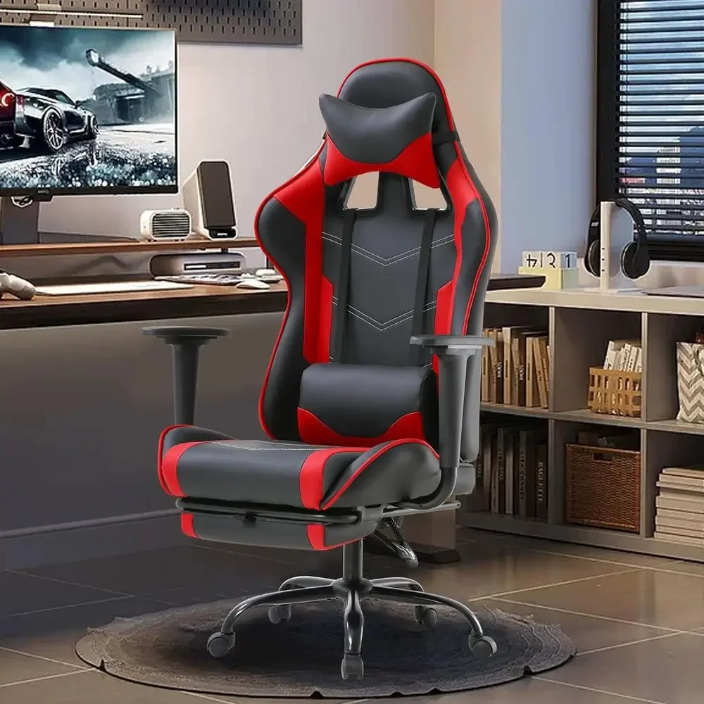 Ergonomic PU Leather Gaming Chair with Lumbar Support and Footrest for Men and Women, Red view 2