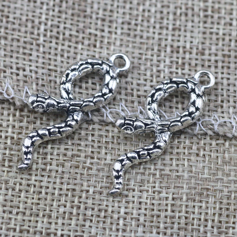 10 Pieces 11*35mm Mixed Alloy Antique Silver Color Snake Charms Bracelet Keychain Pendant Accessory For DIY Jewelry Making