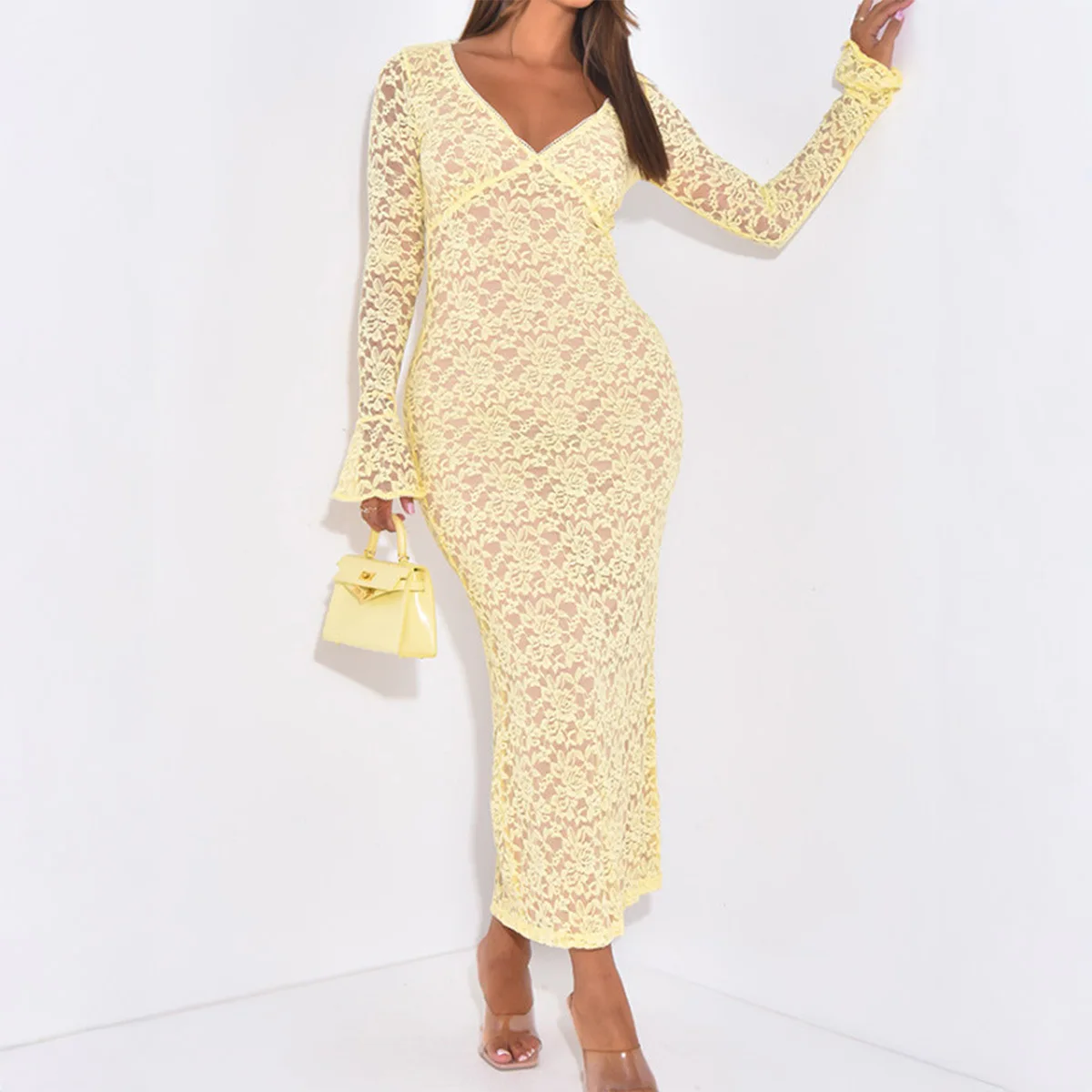 2025 vestido de mujer elegante moda hermosos vestidos de mujer vestidos de noche de fiesta nuevo Y2K Sexy encaje recortado vestido Maxi de manga larga