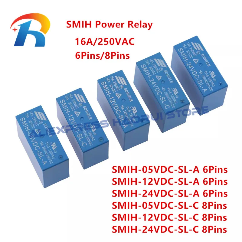 

50Pcs Power Relays SMIH-05VDC-SL-C SMIH-12VDC-SL-C SMIH-24VDC-SL-C SMIH 05VDC 12VDC 24VDC SL-A/ C 6Pin/8Pins 16A 250VAC NO Relay