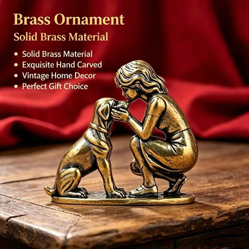 Vintage-Messingstatue von Mädchen und Hund, handgefertigt, fein geschnitzt, antik veredelt, Dekoration für Kinderzimmer, Wohnkultur, Geschenk für Feiertage. – Detail 3