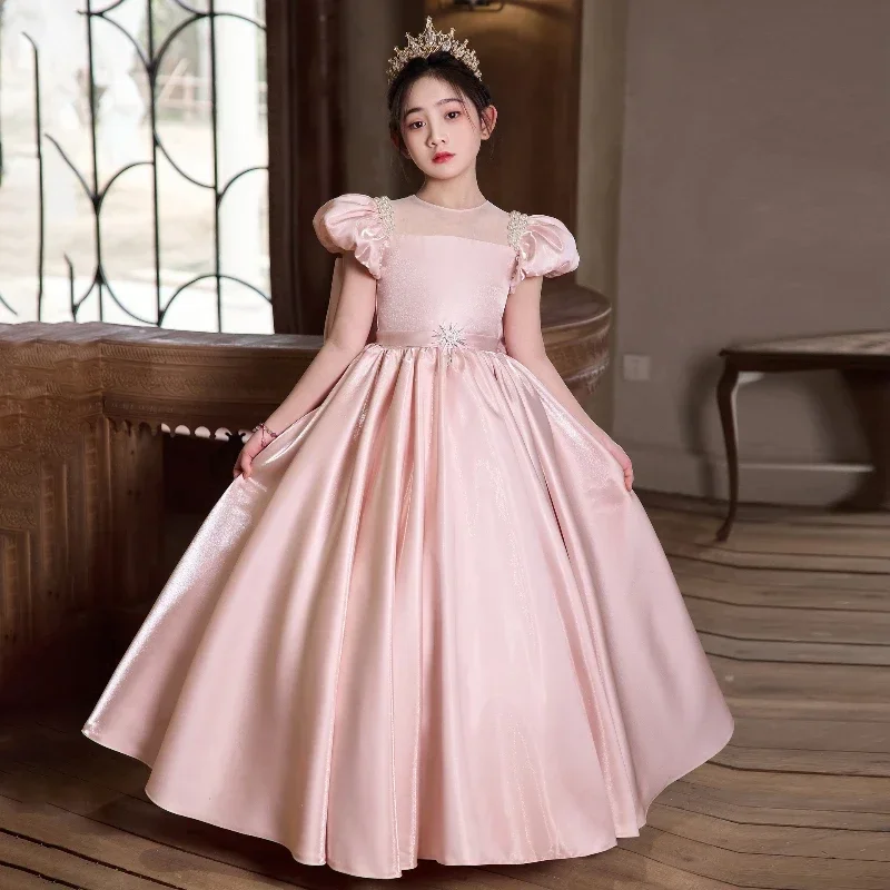 2025 Girls Princess Long Dress Sweet Banquet Party Gown Pageant Host Outfit Cute Children Birthday Matching Clothing