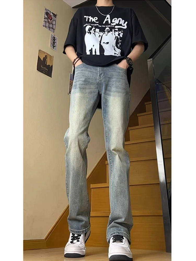 

Ретро синие мужские летние тонкие модные эластичные утягивающие брюки American Vibe High Street с высокой талией расклешенные джинсы прямые джинсы