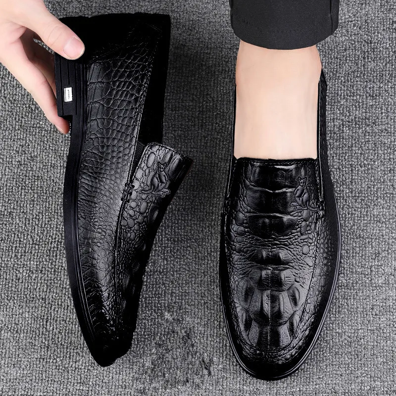 Men’s Casual Genuine Leather Shoes Brand Comfort Slip on Formal Business Loafers Men Crocodile Pattern Black Male Driving Shoes