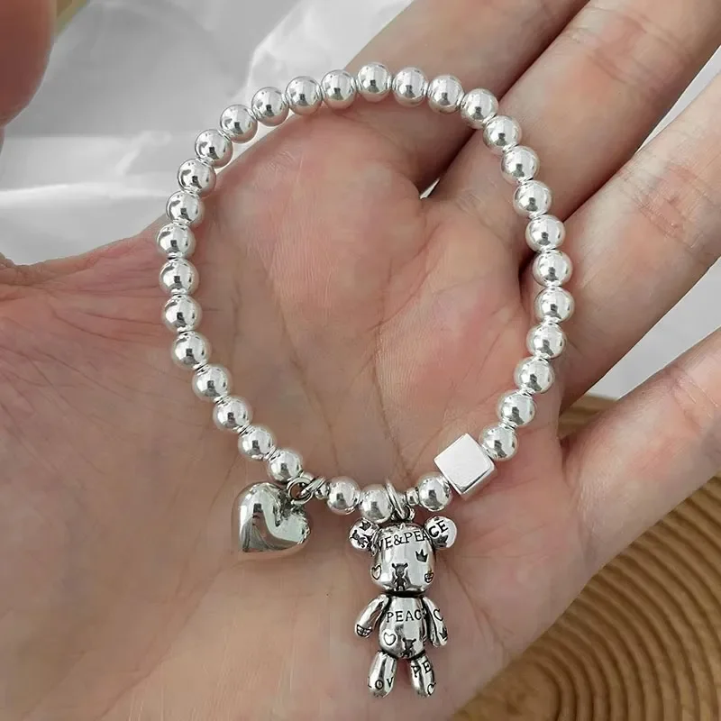 

925 Sterling Silver Bracelets for Women String of Beads Accessories Trend Vintage Simple Cute Bear Pendant Party Jewelry 팔찌