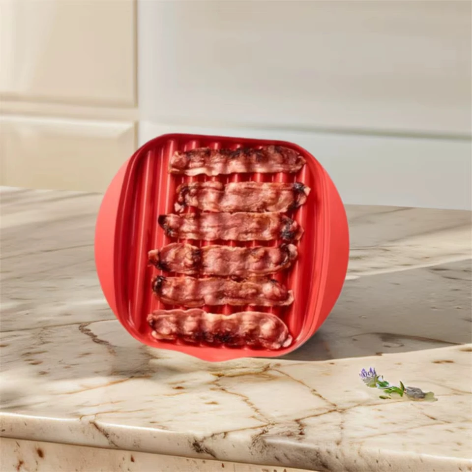 

Buyyes Red Plastic Bacon Tray With Lid Wave Design For Even Heating Microwave Oven Grilling And Frying Cooking Kitchenware
