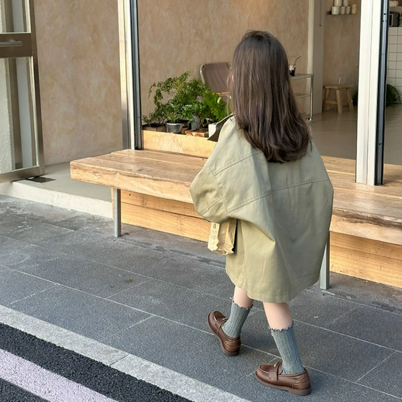 Girls Mid‑Length Trench Coat Elegant Simple Single‑Breasted British Preppy‑Style Kids Campus Outerwear Windbreaker Jacket