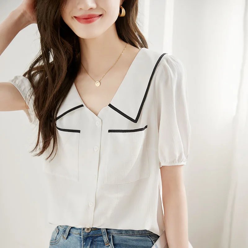 Summer New Short Sleeve Turn Down Collar Women Shirt Office Lady Shirt Blouse Women Tops Blusas Mujer De Moda 2024 Verano A504