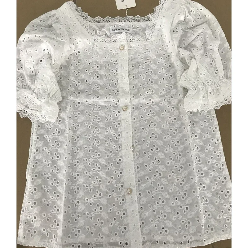 2024 Korean Lace Shirt Blusas Fashion Elegant Summer Short Sleeve Woman Shirts Square Collar Hollow Out White Blouse Women 13934