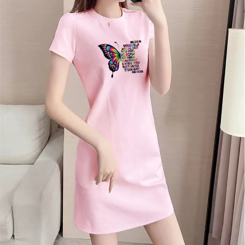 Long short-sleeved T-shirt dress for women's summer new cartoon belly cover casual slim fashion temperament dress.