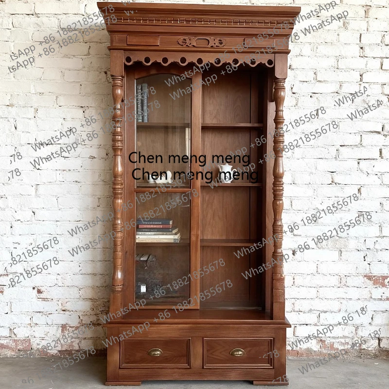 

Medieval solid wood glass bookcase classical retro carving old sliding door storage display cabinet H