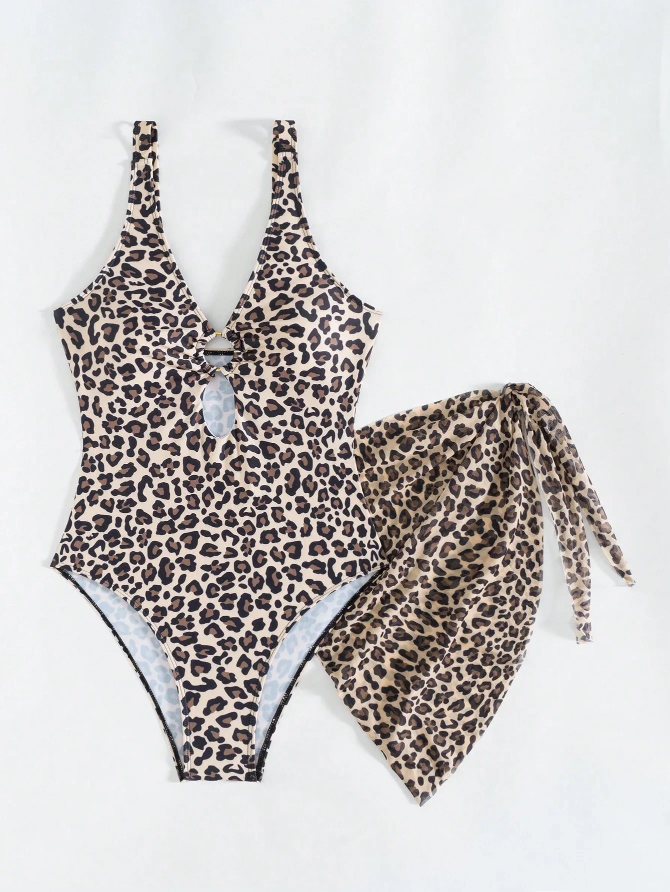 

Женский купальник-монокини с леопардовым принтом и глубоким V-образным вырезом, с сетчатой юбкой-накидкой