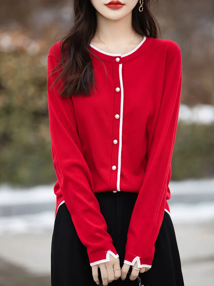 Women O-neck Pearl Button Wool Cardigan Spring Autumn Office Lady Grace Basic Soft Sweater 30% Merino Wool Knitwear Female Cloth