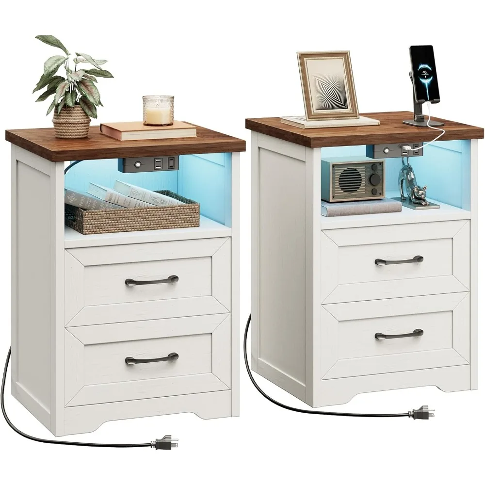 

Farmhouse Nightstand Set of 2, Side Tables with Charging Station & LED Lights, End Tables with Two Drawers