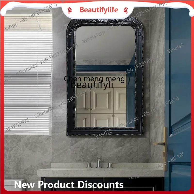 

lhyE1001 SS NewFrench engraved bathroom mirror LED light anti-fog retro mirror wall-mounted bathroom mirror square