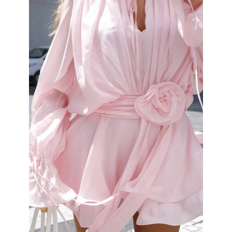 우아한 3D 꽃 프릴 미니 드레스 여성 플레어 긴 소매 레이스 업 핑크 a 라인 스커트 여름 패션 숙녀 드레스