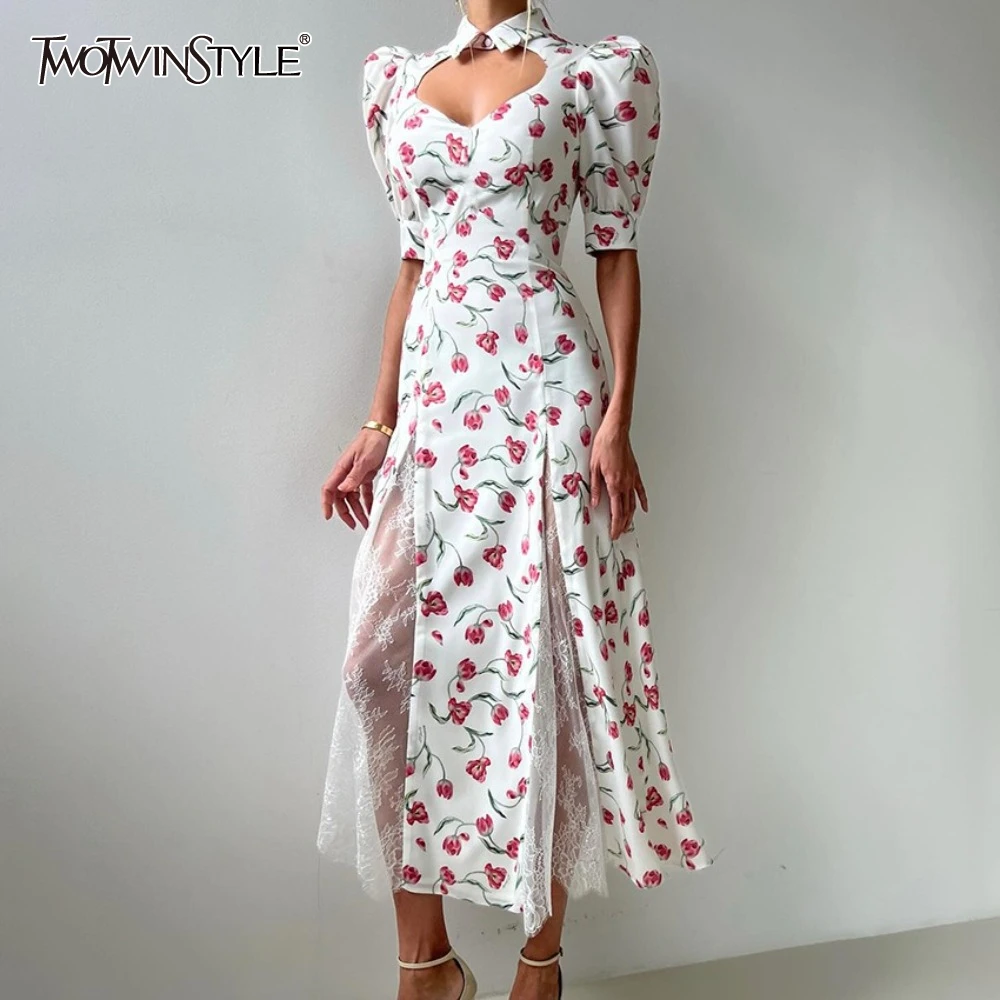 TWOTWINSTYLE 여성용 프렌치 꽃 프린트 드레스 옷깃 퍼프 슬리브 스플 라이스 컷 아웃 기질 하이 웨이스트 레이스 드레스 여성