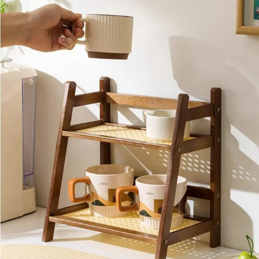

Countertop Organizer 2 Layer Coffee Cup Holder Multipurpose Bamboo Storage Shelf for Hotel Apartment Dressing Table Kitchen Home