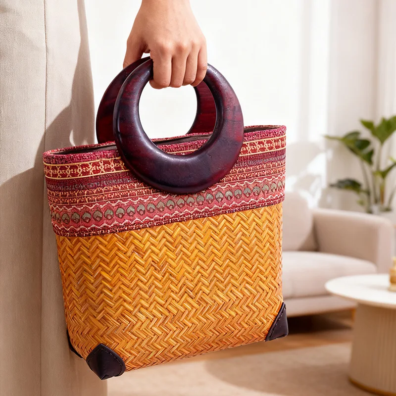 

Handwoven Bamboo Tote Bag Spacious Handmade Weaving Crafts Fashion Bags Women Beach Travel Vacation Home Decor Desktop Ornaments