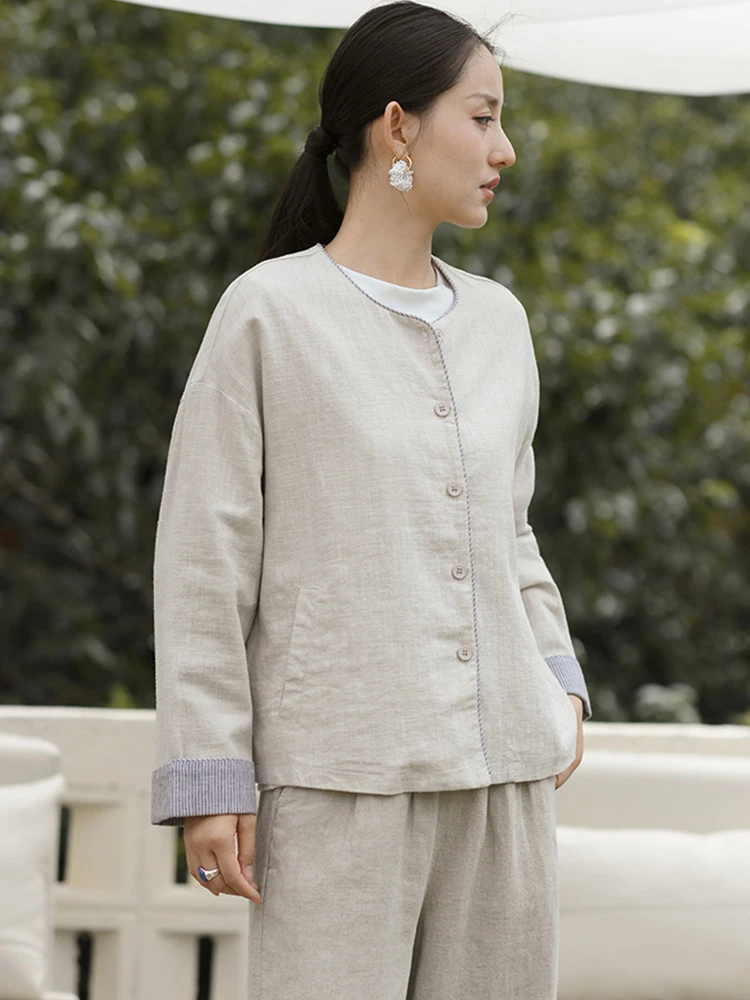 Women Cotton Linen Casual Coats New Arrival 2026 Autumn Simple Style O-neck Solid Color Female Basics Short Jackets M2954