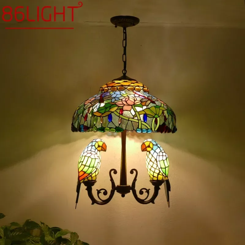 86LIGHT Tiffany Parrot Chandelier Vintage Creative Color Glass Living Room restaurant Bedroom Hotel Corridor Pendant Lamp