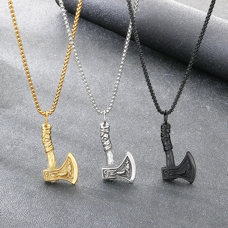 KALEN Stainless Steel Viking Axe Pendant Necklace for Men Vintage Norse Battle Axe Amulet Pendant Punk Gothic Jewelry Gifts