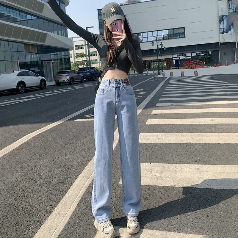 Retro até o chão perna reta duplo breasted jeans para mulher 2025 outono nova cintura alta emagrecimento solto calças de perna larga para wom