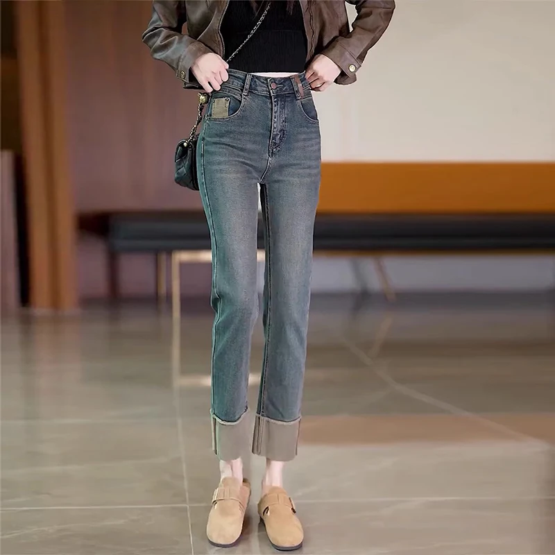 

High Waist Straight Leg Jeans Women's Spring Autumn New 2024 Small Size Loose Cuffed Slimming Ankle Length Denim Pants