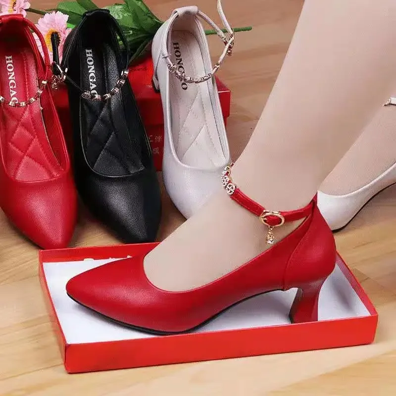 

zapatos de mujer women elegant high quality red patent leather buckle strap office work shoes lady black comfort heel shoes a577
